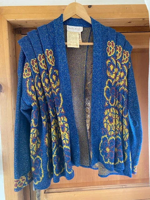 Zandra Rhodes cardigan - vintage, sparkly, blue with pattern, scalloped.