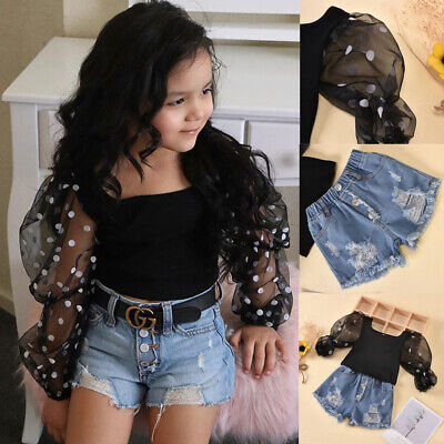 2PCS Toddler Kids Baby Girls Clothes Tops Hole Denim Shorts Summer Outfits