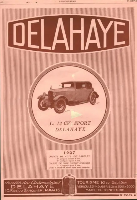 Publicité ancienne automobile Delahaye 1927 issue de magazine