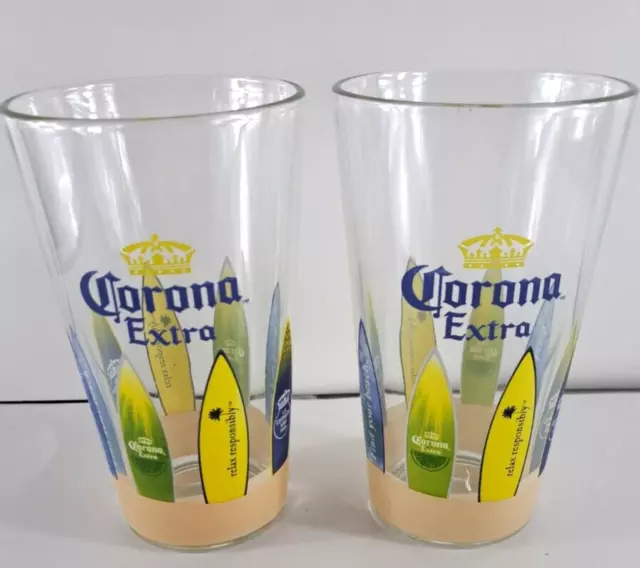 Corona Extra Beer Drinking Glasses Tumblers 2 Surfboards In Sand Beach 6"
