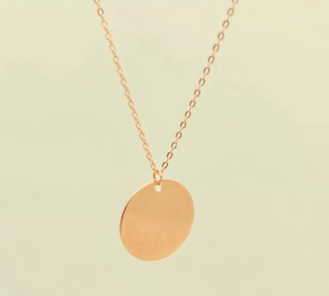 Solid 14K Rose Gold 11mm Round Disk Dangle Pendant Chain Necklace-17/18" 2