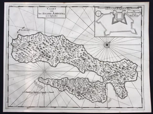 1726 Ambon island Maluku islands Indonesia map carte engraving Valentijn