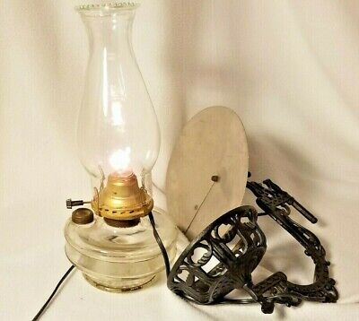 Antique Wall Mount Oil Lamp ELECTRIFIED Cast Iron Lamp Holder WITH Reflector