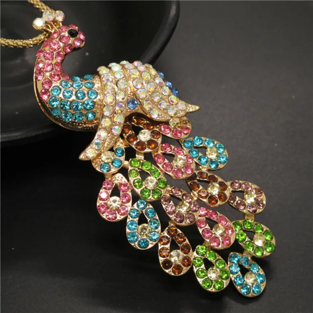 Betsey Johnson Rhinestone Colorful Bling Peacock Crystal Pendant Chain Necklace 4