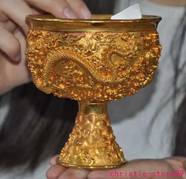 4.6" Ancient Chinese bronze 24k gold gilt fengshui dragon Wine vessel Goblet Cup 2