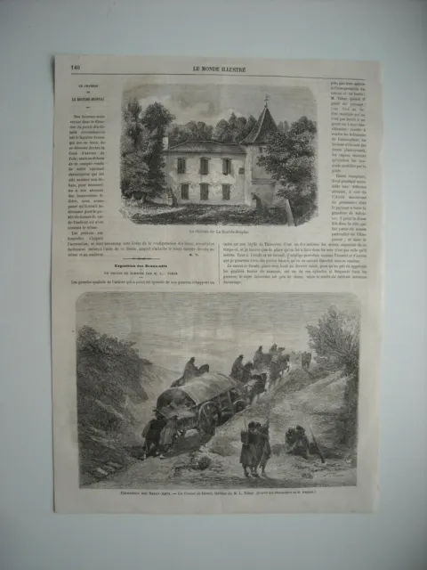 Gravure 1864. Chateau De La Bastide-Besplas.  Beaux-Arts; Un Convoi De Blesses;