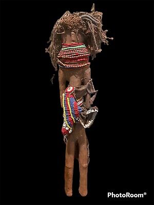 19" Vintage Turkana African Doll Hand Carved Tribal Folk Art Wooden Figure Beads