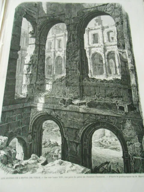 Gravure 1871 - Ruines de l'hotel de ville La cour Louis XIV Old Print engraving