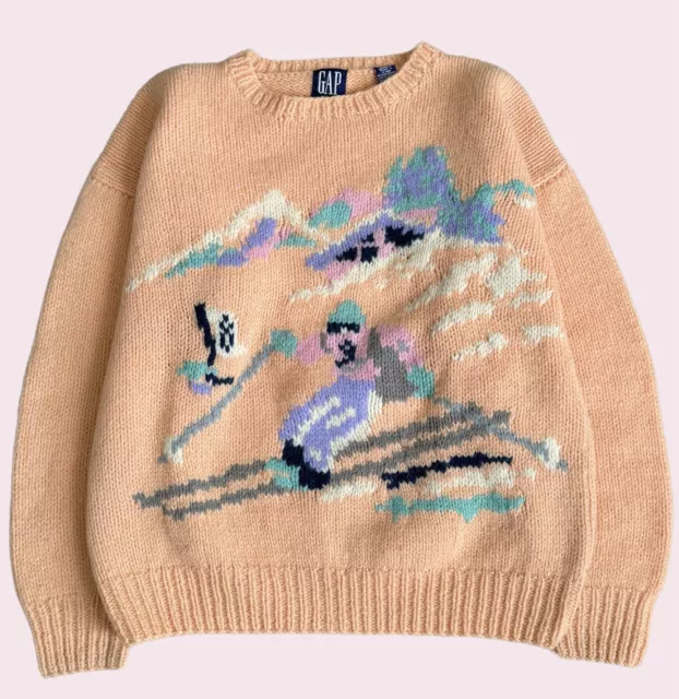 Vintage GAP Wool Sweater Women’s Medium Ski Graphic Knit Pink