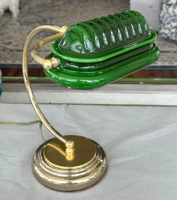 Art Deco Antique Brass Bankers Desk Lamp With Green Ribbed Glass Shade