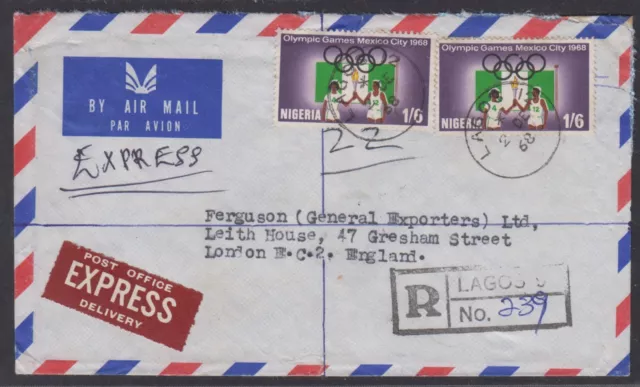 Nigeria 1968 registered airmail cover to England, express delivery Olympic Games