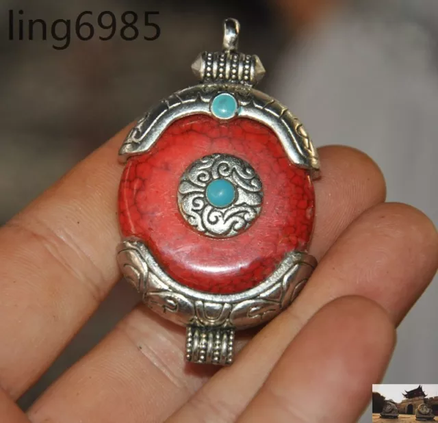 Old China Tibetan silver Inlay red jade statue Exorcism Amulet periapt Pendant