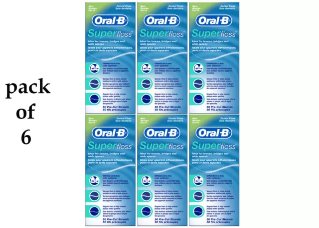 Pack of 6 Oral B Dental Super-Floss Mint Braces Wide Spaces 50 Pre -Cut Strands