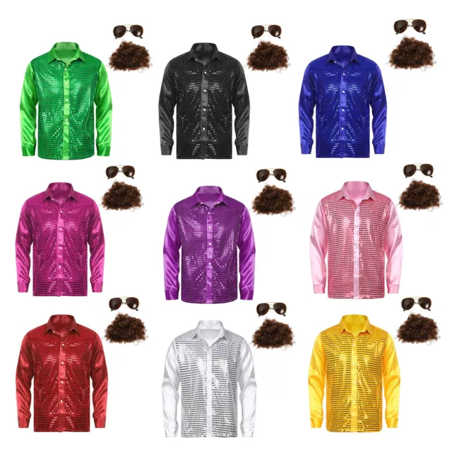 Mens Blouse Performance Tee Shiny Shirts With Short Curly Hair Wig Sunglasses