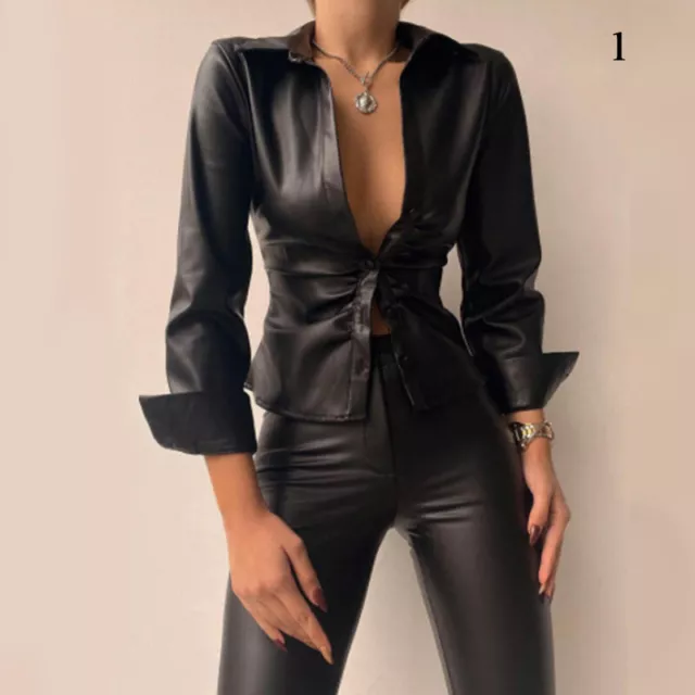 Femmes Revers Simili Cuir Chemise Bouton Slim Manches Longues Haut Chemisi ,