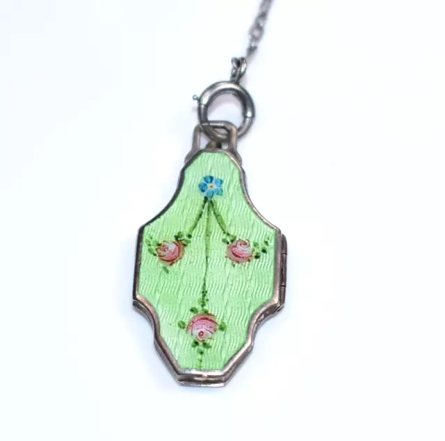 BEAUTIFUL! Antique *STERLING ENAMEL GUILLOCHE* Locket STERLING LORGNETTE Chain