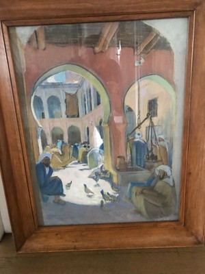 Ancien Tableau Orientalisme Ruelle animée sous les Arcades de la Casbah signé 