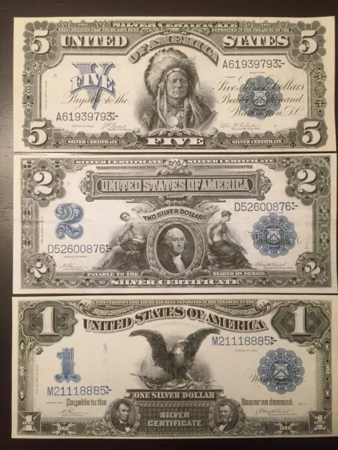 Reproduction Copies 1899 Silver Certificates $1 $2 Mini Porthole $5 Indian Chief