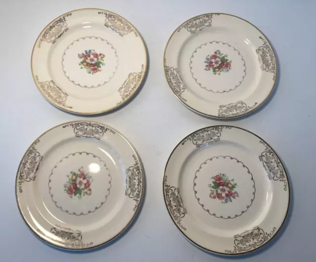 4 1940s Paden City Pottery Dessert Plates Floral 22k Gold Filigree PCP 32 USA