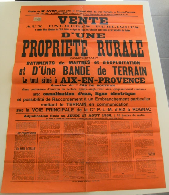 Grande affiche vente enchère Propriété rurale 1936 Timbre Aix  Provence vintage
