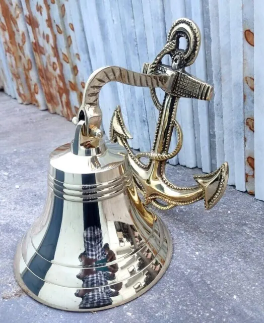 Handmade Nautical Brass Bell Wall Hanging Ship Bell 8" Brass Anchor Boat Decor