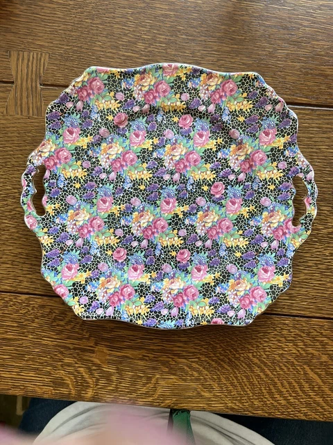 Vintage Royal Winton Grimwades “Hazel” Cake Plate Handled Dish Black Rose Chintz