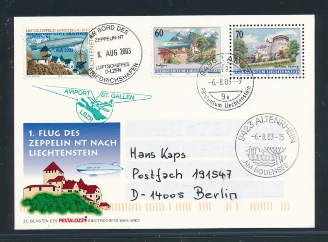 040c1) Zeppelin NT, 1.Flug n.Liechtenstein 2003 GA + hs. person Adresse + Cod.