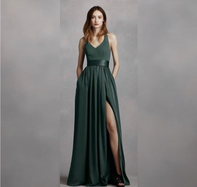 WHITE BY VERA WANG - Halter V-Neck Forest Green Bridesmaid Dress Slit Size 20