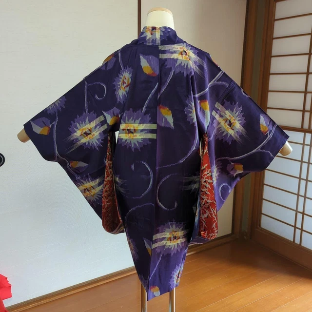 Meisen Pongee Long Kimono-Haori Blue-Purple Flying Crane Silk Sleeves