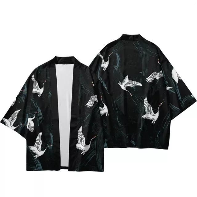 Uomo Crane Kimono Cappotto Casual Giacca Top Pantaloni Giapponese Larga Estate