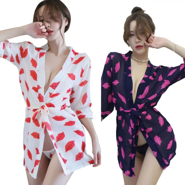 Women Sexy Open Front Bathrobe Lingerie Set Lips Print Belted Kimono Nightgown