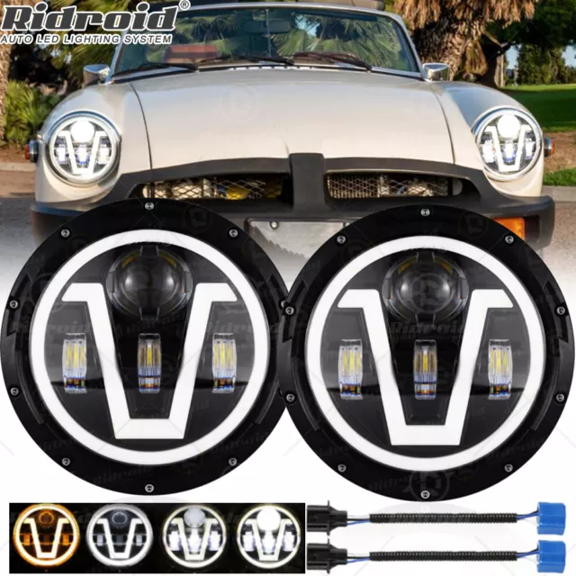 For MG MGA MGB MGC Roadster Classic 7" Round LED Headlights Halo Angel Eye DRL