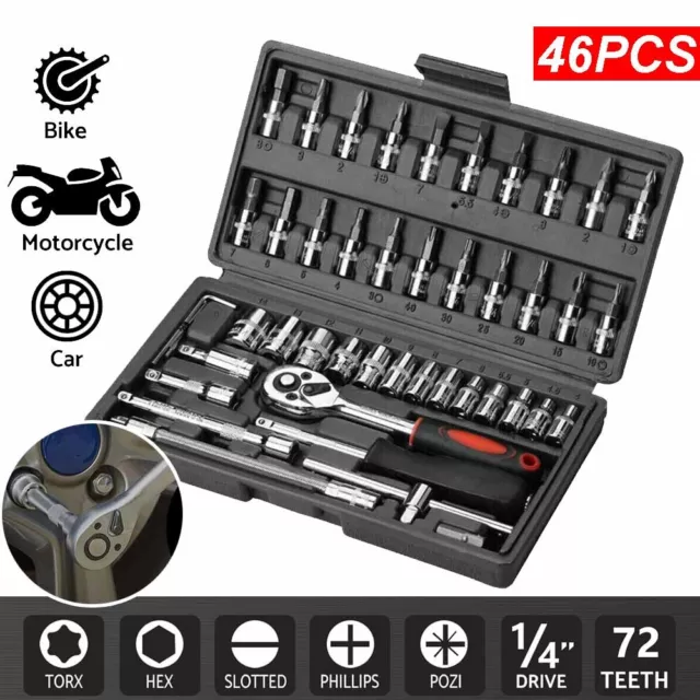 46PCS Socket Set 1/4" Drive Ratchet Torx Wrench Kit Metric Car Repair Tool Case