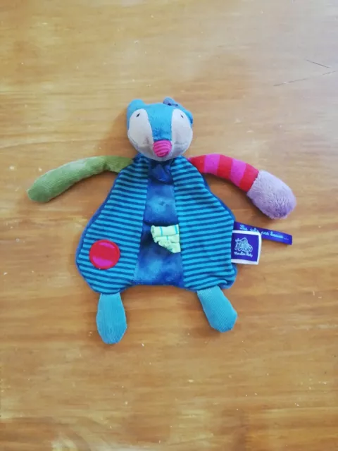 O/ Doudou Moulin Roty Les Jolis Pas Beaux Renard Plat Bleu Vert Rayé Rouge