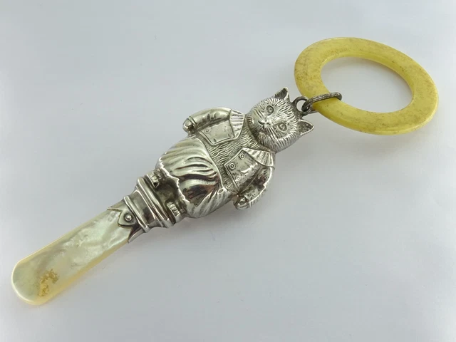 Vintage Hallmarked Sterling Silver & MOP Cat Theme Babies Rattle Teething Ring