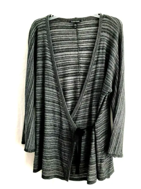 Eileen Fisher Tencel Wool Open Tie Wrap Front Cardigan Size L black grey
