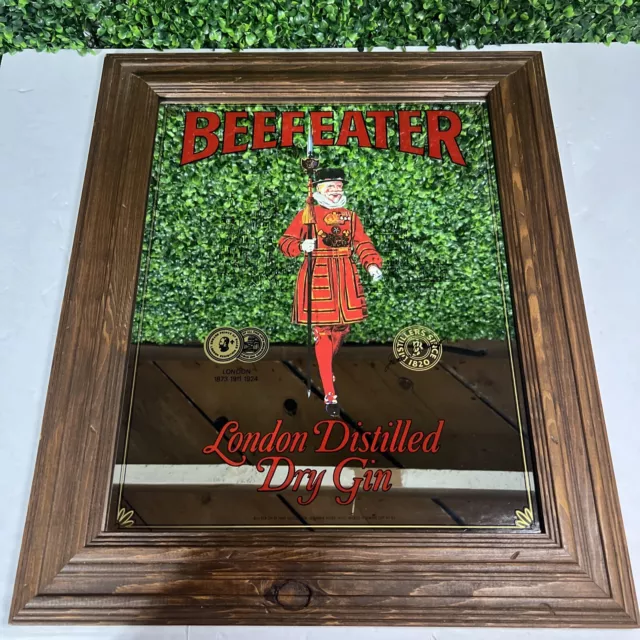 Vintage Beefeater Mirror London Distilled Dry Gin Wood Man Cave 25 1/2”x21 1/4”