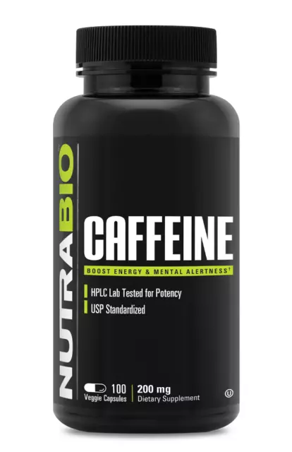 NutraBio Caffeine 200mg 100caps - 100% Pure - Boost Energy & Mental Alertness