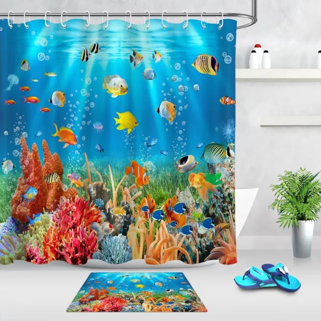 Colorful Sea Fishes Corals Ocean Lives Fabric Shower Curtain Set Bathroom Decor