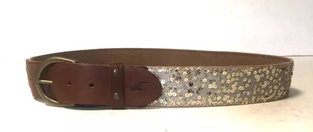 Hollister California Womens Belt Leather Medium Large Silver Sequin Gray Brown