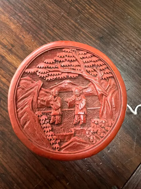 Antique Chinese Carved Red Cinnabar Lacquer Round Box