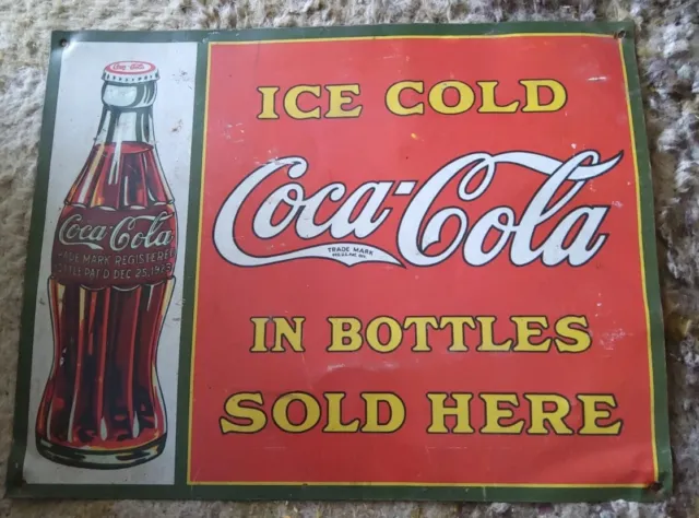 COKE Sold Here in Bottles Tin Sign 16W x 12.5H Bent Corners