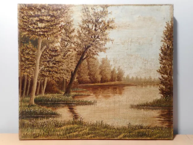 Tableau 1933 peinture paysage campagne bord rivière lac étang sous bois Lannoy