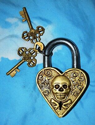 Solid Brass Padlock Golden Heart Shape Skull Handmade Finish Heavy Door Lock MD3