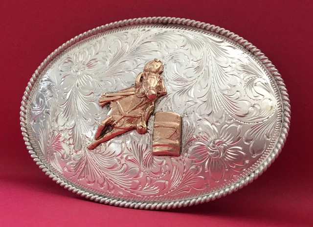 Old Vintage Gem Western Sterling Silver Barrel Racing Cowboy Rodeo Belt Buckle