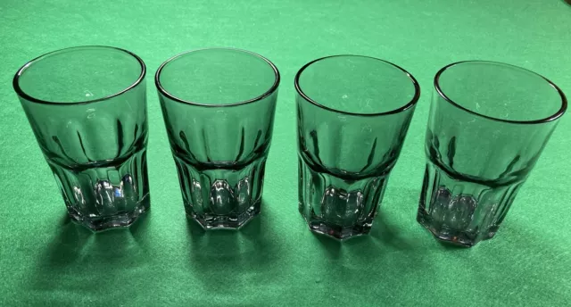 4 Vintage Ravenhead Smoked Black Glass 8 Panelled Drinking Glasses / Tumblers 5”