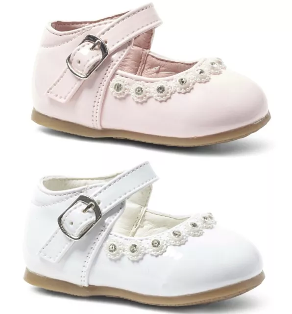 Baby Girl, Mary Jane, Traditional, Spanish, White & Pink Shoe Gem & Pearl Detail