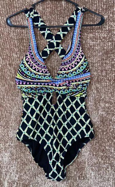 Preowned Trina Turk Kon Tiki Black One Piece Swimsuit, Size 8