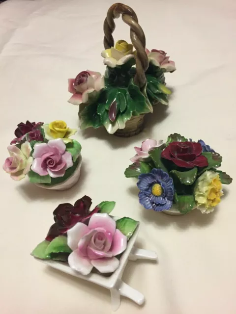 Four (4) Fine Bone China Arrangement Of Flowers Hand Painted England and Italy