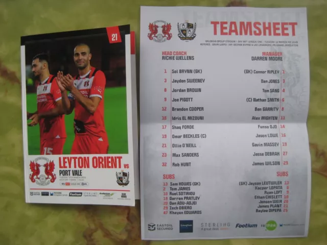 Leyton Orient v Port Vale 12 March 24 - programme + teamsheet